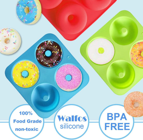 Walfos Full Size Silicone Donut Mold for Baking, 4 Inch Non-Stick Doughnut Pan Set (4PK)