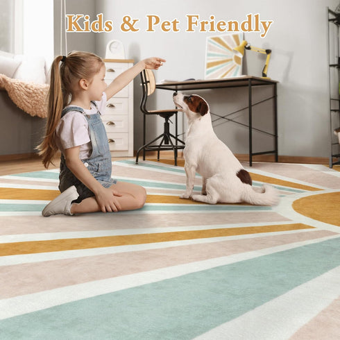 4ft LIVEBOX Retro Sun Round Rug Boho Rug for Nursery Room,Non-Slip Circle Ultra Soft Cute Colorful Kids Rugs