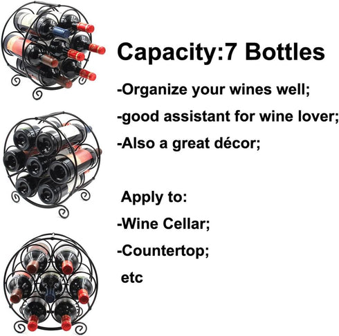 PAG 7 Bottles Freestanding Countertop Wine Rack, Black Metal Small Table Top Drink Organizer