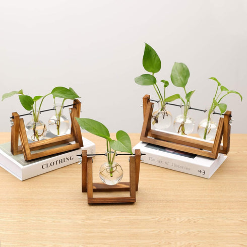 3 Bulb Kingbuy Desktop Glass Planter Iron and Wooden Stand Plant Terrariums for Indoor Office Desk Decor Accessories