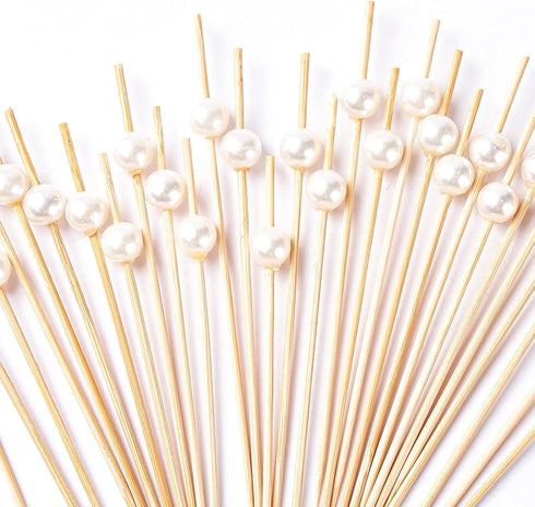 PuTwo 300 Counts Cocktail Toothpicks - Handmade Natural Bamboo Skewers for Appetizers, Fruits, Dessert with White Pearls