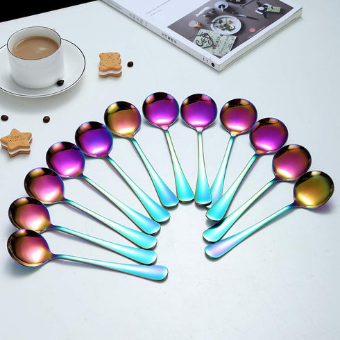 Berglander Rainbow Soup Spoon Set of 12, 7.5" Stainless Steel Titanium Plating, Dishwasher Safe