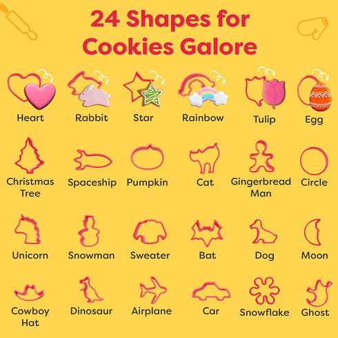 Set 24 4+ Baketivity Cookie Cutter for Kids, Assorted Cookie Cutters of Basic Shapes, Seasonal, and Holiday Themes