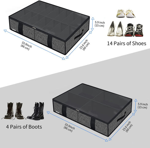 Onlyeasy 2 Pack Under Bed Shoes Storage Bag Organizer (14+4 Pairs), Collapsible Shoe Boot Container with Handles, Underbed Storage Solution for Kids & Adults, 86x60x15cm, Linen-like Black, MXAUBS14S4 by Onlyeasy