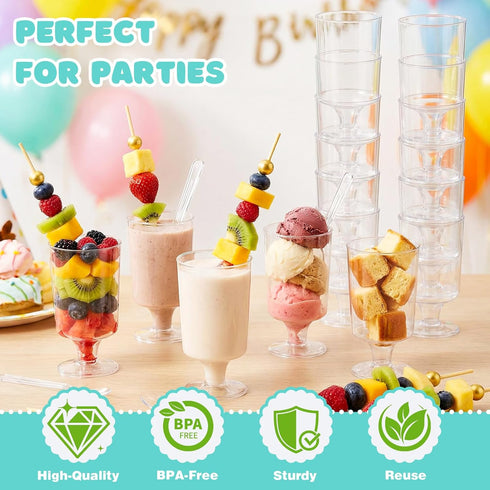 220 4 oz Pcs Mini Dessert Cups with Spoons and Bamboo Skewers, Round Clear Plastic Parfait Shooter Cups for Parties