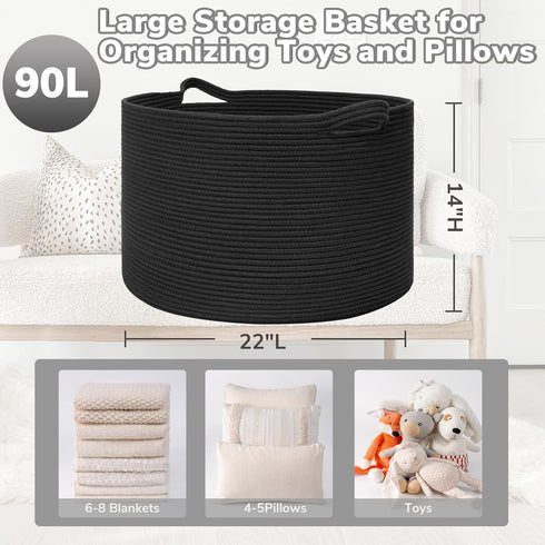 Goodpick Large Blanket Basket, 22"X 14" Woven Rope Storage Basket for Laundry, Kids Toy Organizer