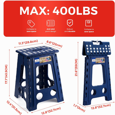 17.5 Inch 400 lbs ACKO Folding Step Stool Foldable Capacity, Plastic Stools for Adults and Kids, Collapsible Stools