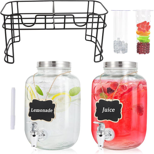 1 Parties-Set 2,Drink Gallon Glass Drink Dispensers For of Dispenser with Fruit Infuser & Stand,Juice or Beverage