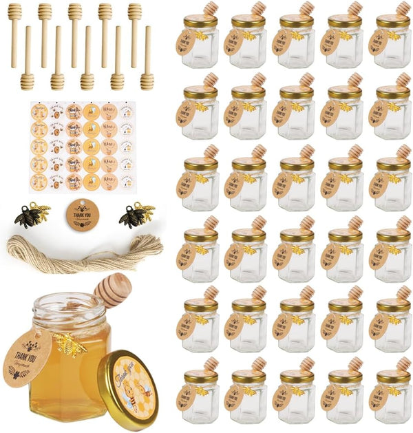 Rormket 3OZ Mini Glass Hexagon Honey jars 30Packs - Gold Lid, Small Wooden