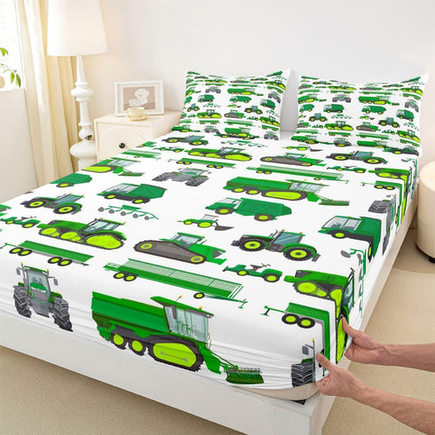 Set Excavator Car Bed Sheets Full Cartoon Construction Tractor Vehicle Sheet Kids Boys Green Yellow Equipment Trucks