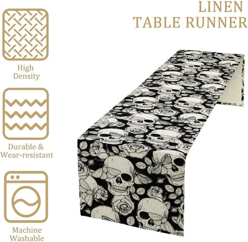13x36 inches Gothic Table Runner White Skull Flowers Moth Pattern Table Runner Table Cloth Decoration Dresser Garden