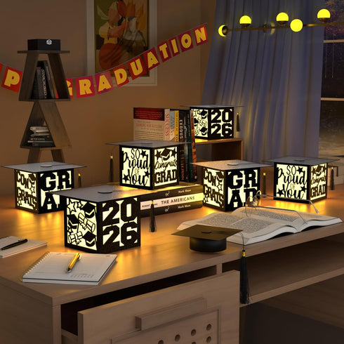 12 2026 Pcs Graduation Table Centerpieces Boxes Class of Black Square Graduation Paper Lanterns with String Lights