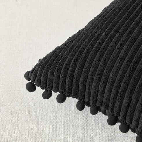 Fancy Homi Pack of 2 Black Lumbar Decorative Throw Pillow Covers with Pom-poms, Soft Corduroy Solid Rectangle Cushion