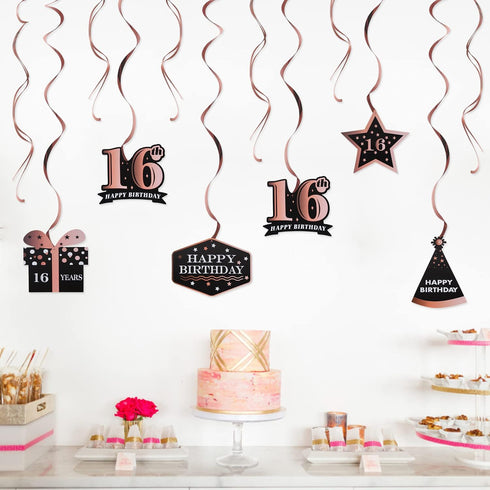 LINGTEER Happy 16th Birthday Decorations - 12 Pcs Black & Rose Gold Foil Swirls Streamer Set for Bday Party