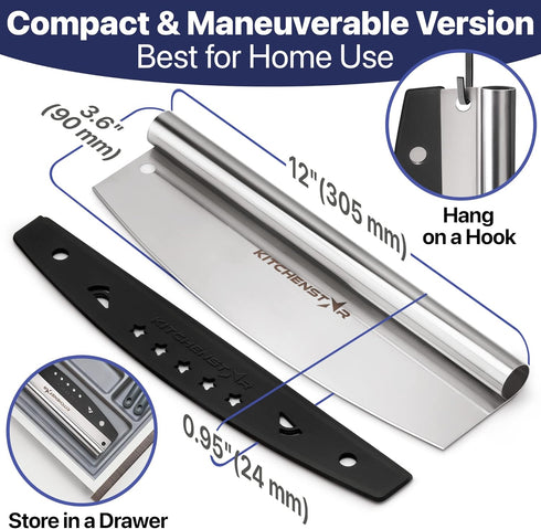 KitchenStar 12-Inch Pizza Cutter Rocker Blade - Sharp Stainless Steel Slicer Knife, Protective Cover, Dishwasher Safe,