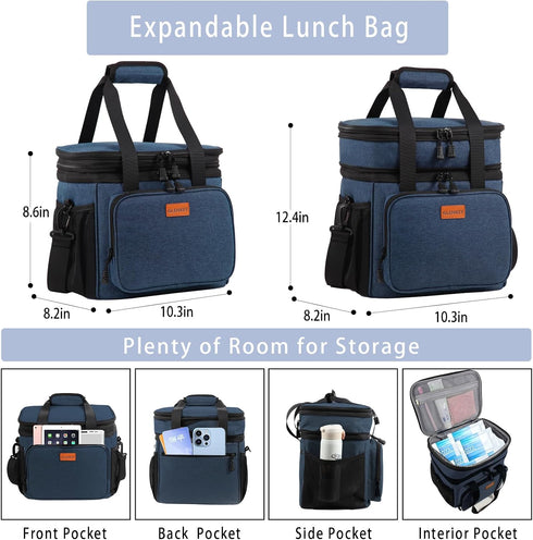 Expandable Large Lunch Box, Insulated Heavy Duty Waterproof Cooler Bag for Men Women, 16L, Blue, GLENKEY