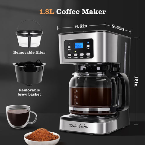 Taylor Swoden 12-Cup Programmable Coffee Maker, Regular & Strong Brew Drip Machine for Home & Office