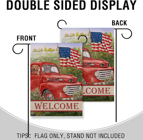 Welcome Summer American Red Truck Decorative Garden Flag, 4th of July, Patriotic Lawn Decor, 12x18
