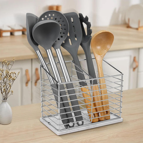 Utensil Holder for Kitchen Counter, Metal Rack for Cooking Tools Storage, Organizer with Drainage Hole (Chrome Marble)