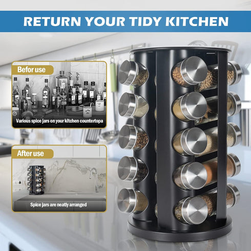 Countertop 20-Jars 135 Set, Countertop, Tianifa Black Revolving Spice Rack, Empty Rotating Spice Rack Organizer, Round
