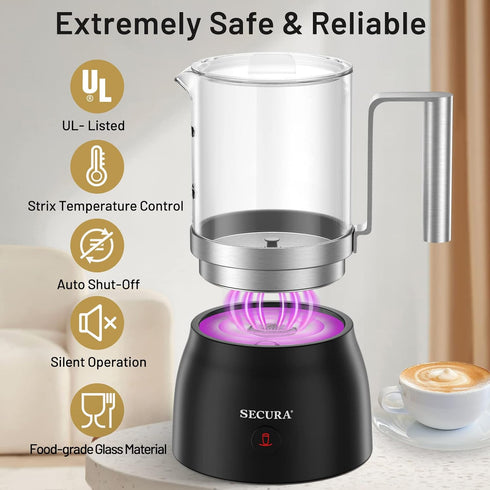 17oz 4-in-1 Secura Detachable Milk Frother and Steamer, Electric Milk Warmer with Glass Jug, Hot & Cold Foam Maker