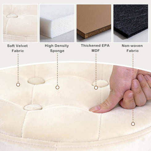 Room13x13x12.4(Beige,1pcs) xuperbonus Small Ottoman with Storage,Folding Round Ottoman with Gold Trim,Velvet Storage