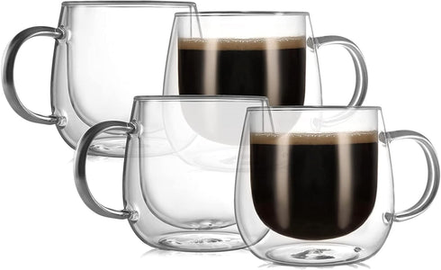CNGLASS 12oz Double Walled Glass Coffee Mugs(4-pack),Large Clear Coffee Cups with Handle,Glass