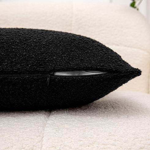 Pack 2 18 18 Inch of Black Boucle Decorative Pillow Cover with Faux Leather Modern Accent Pillow Case x Textured Stripe