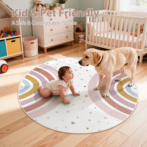 4 STARUIA Colorful Round Rug for Nursery, Ft Rainbow Washable Rug for Playroom, Boho Kids Rug Non-Slip Soft Bedroom