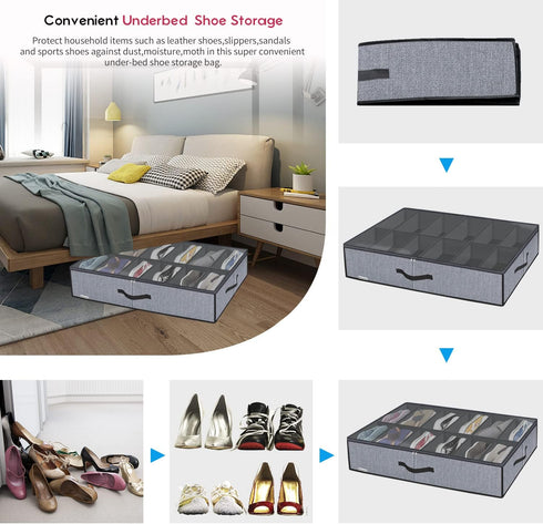 Onlyeasy Large Under Bed Shoe Organizer (12 Pairs x 2) with Metal Zipper, 2 Handles, Breathable, Linen-like Grey