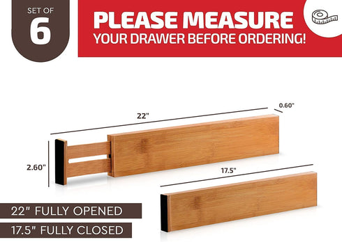 Large Bamboo Drawer Organizer - Expandable Kitchen Drawer Dividers (17" - 21.5") - 6 Pack Adjustable Separators