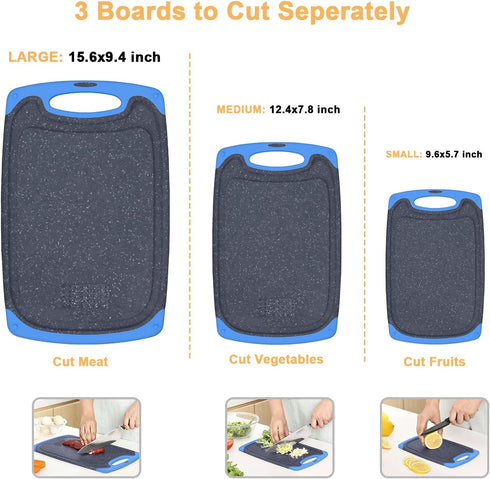 Large-Small Cutting Board Set of 3 - Dishwasher Safe, Juice Groove, Easy Grip Handle, Non-Slip Rubber
