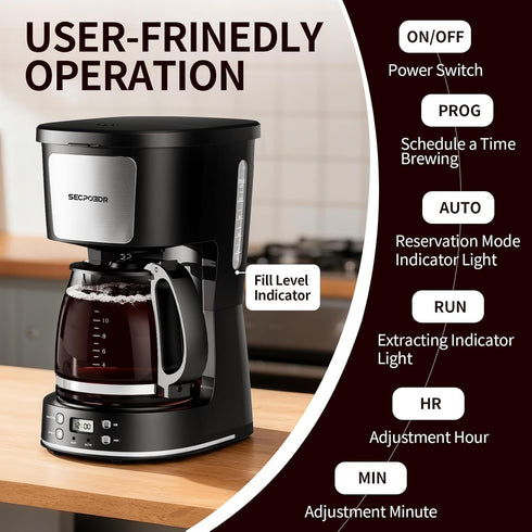 12-Cup Filter,Programmable Drip Coffee Maker with Reusable Clock,Auto Brew,Water Window,Keep Hot Plate,Glass