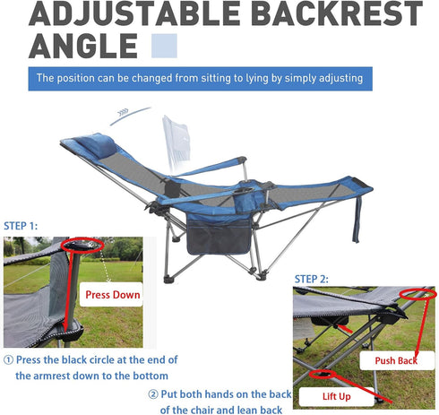 Reclining Camping Chair with Removable Footrest, Adjustable Camping Lounge Beach Chair with Padded Headrest, Cup Holder