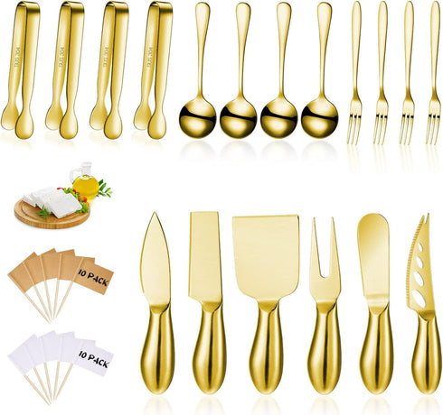 Charcuterie Board Accessories Set, Cheese Spreader Knife, Stainless Steel Mini Serving Tongs, 18 Pieces (Golden)