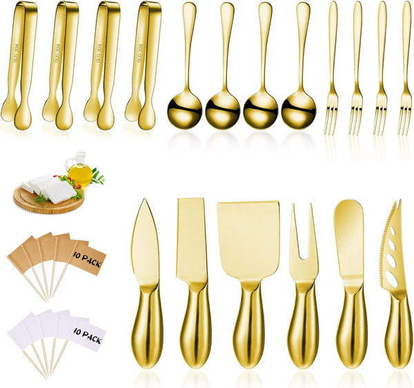 Charcuterie Board Accessories Set, Cheese Spreader Knife, Stainless Steel Mini Serving Tongs, 18 Pieces (Golden)