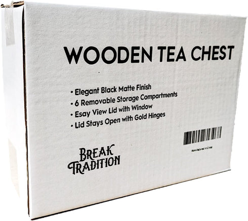 6 Break Tradition Wooden Tea Organizer For Tea Bags - Compartments, Clear Top Window, Lid Stays Open (Black)