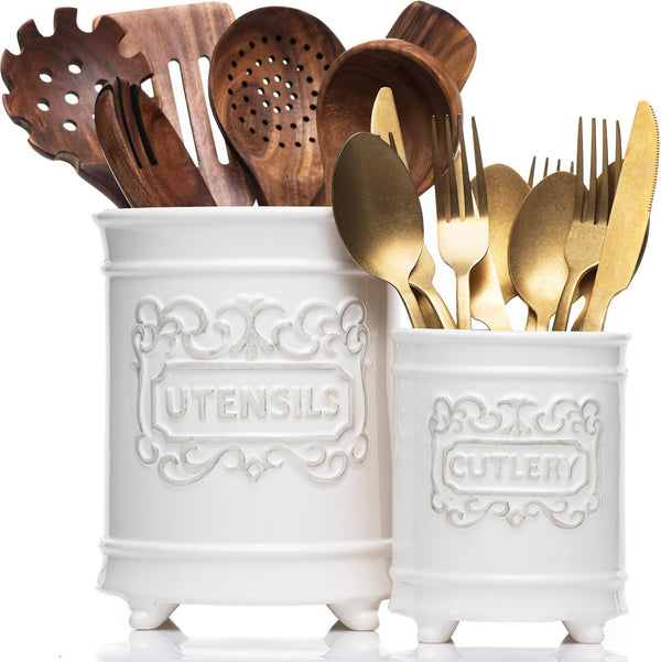 Elegant Ceramic Utensil Holder for Countertop, 7.5"+5.5" Cooking Utensils Organizer Set of 2 (White)