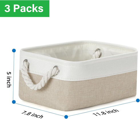 Bidtakay Small Fabric Storage Baskets, 3-Pack Collapsible 12x8x5 Inch Canvas Bins for Closet Organization - S-White &
