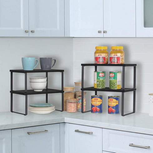 CADUKE Set of 4 Stackable Kitchen Counter Shelves, Expandable Wood Shelf Organizers for Pantry, Industrial Black