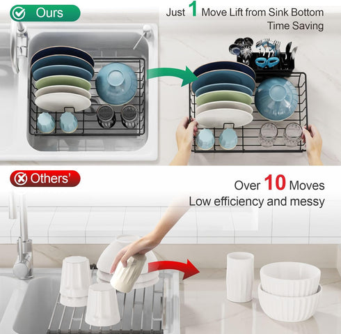 GSlife Dish Drying Rack for Kitchen Counter - Compact Dish Drainer with Utensil Holder and Drain Spout, Black
