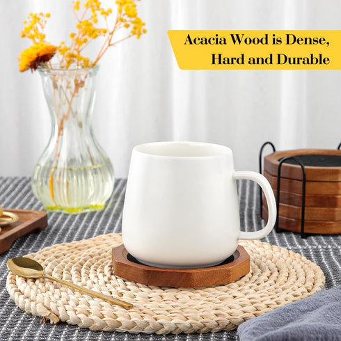 LiWiBet 4.3 Inch Set 6 Wood Coasters for Drinks Absorbent with Lip, Rustic Acacia Wood Black Felt Coaster with Holder