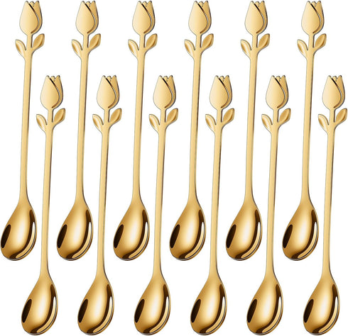Gold Tulip/Rose Handle Mini Coffee Spoons Set, 12-Pcs Stainless Steel for Espresso, Tea, Dessert - Ideal for Small