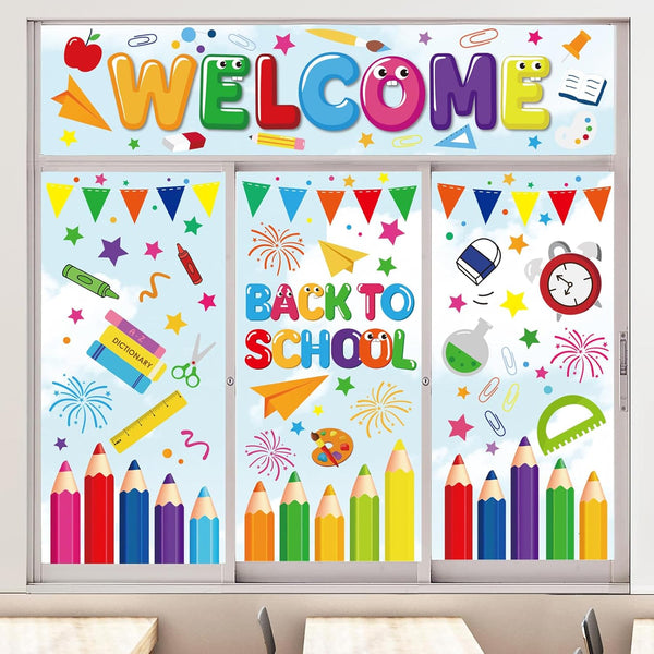 Whaline 9 Sheet Back to School Window Clings, Colorful Pencil Crayon Ruler Decals, Double-Sided Decor for Classroom