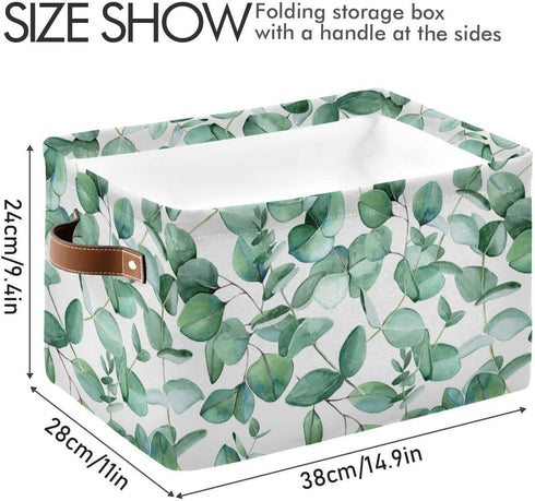 xigua Collapsible Green Leaves Storage Basket, Waterproof Canvas Toy Storage Bin with Leather Handles, 1PCS