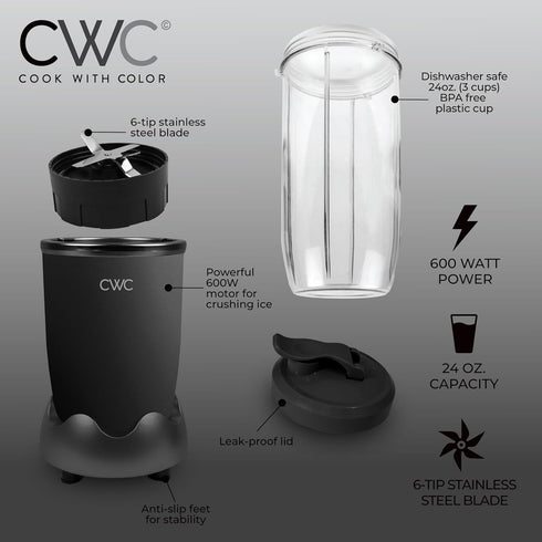 COOK WITH COLOR Personal Power Blender 600W, 24oz Capacity, BPA-Free Jar, Ice-Crushing Blades for Smoothies & More,