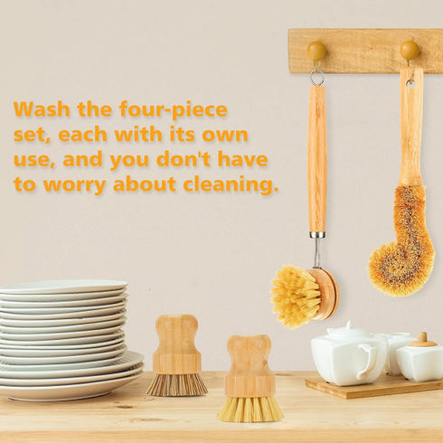Bamboo Dish Brushes Sets, 4 Tools in One Kitchen Clean Dish Scrubber for Pots, Pans, Bottles with Natural Bristles