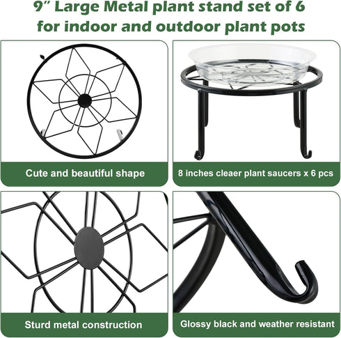 DEELF OUTLET 6-pack 9" Large Metal Plant Stands Indoor Outdoor Rustproof Iron Potted Plant Holder Heavy-duty Round