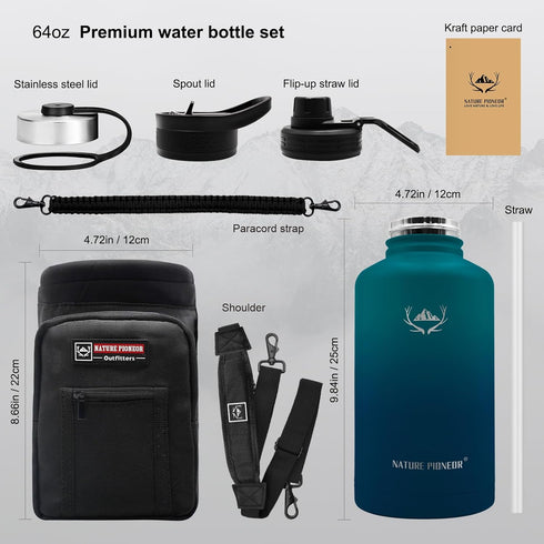 NATURE PIONEOR 64oz Insulated Water Bottle with Straw - Stainless Steel Vacuum Water Jug with Holder/Sleeve