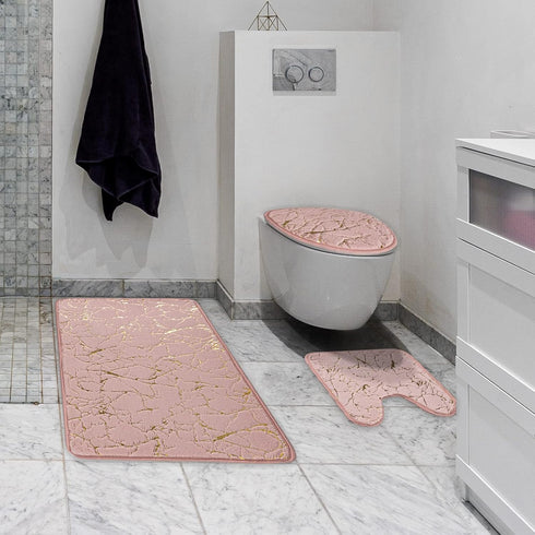 Marble Bathroom Rugs and Mats Set - 3 Piece Nonslip Pink Washable Bath Mat for Water Absorbent Shower Rug